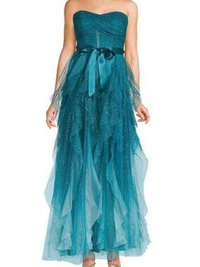Pear Culture Ombre Glitter Mesh Corset Ruffle Ballgown Dress Sz 7/8 Teal Mint